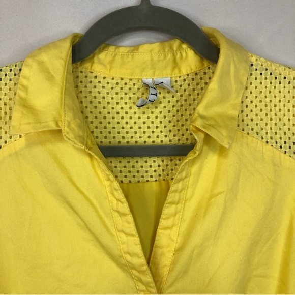 Elle Women’s Dress Eyelet Sunny Yellow Collared Elastic Waist Tie Lined - Picture 3 of 11